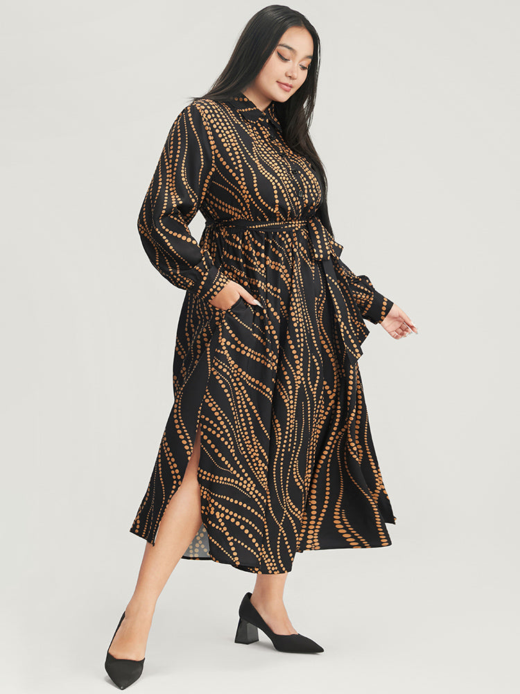 Polka Dot Pocket Button Detail Belted Shirt Collar Dress