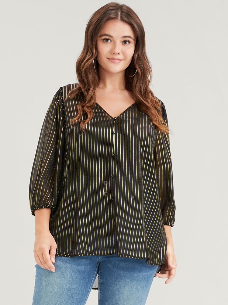 Striped Mesh Lantern Sleeve V Neck Blouse