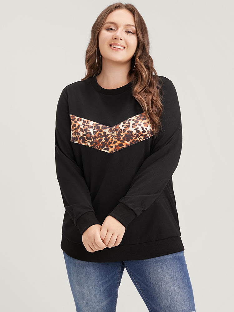 Leopard Patchwork Round Neck Drop Shoulder Sweatshirt