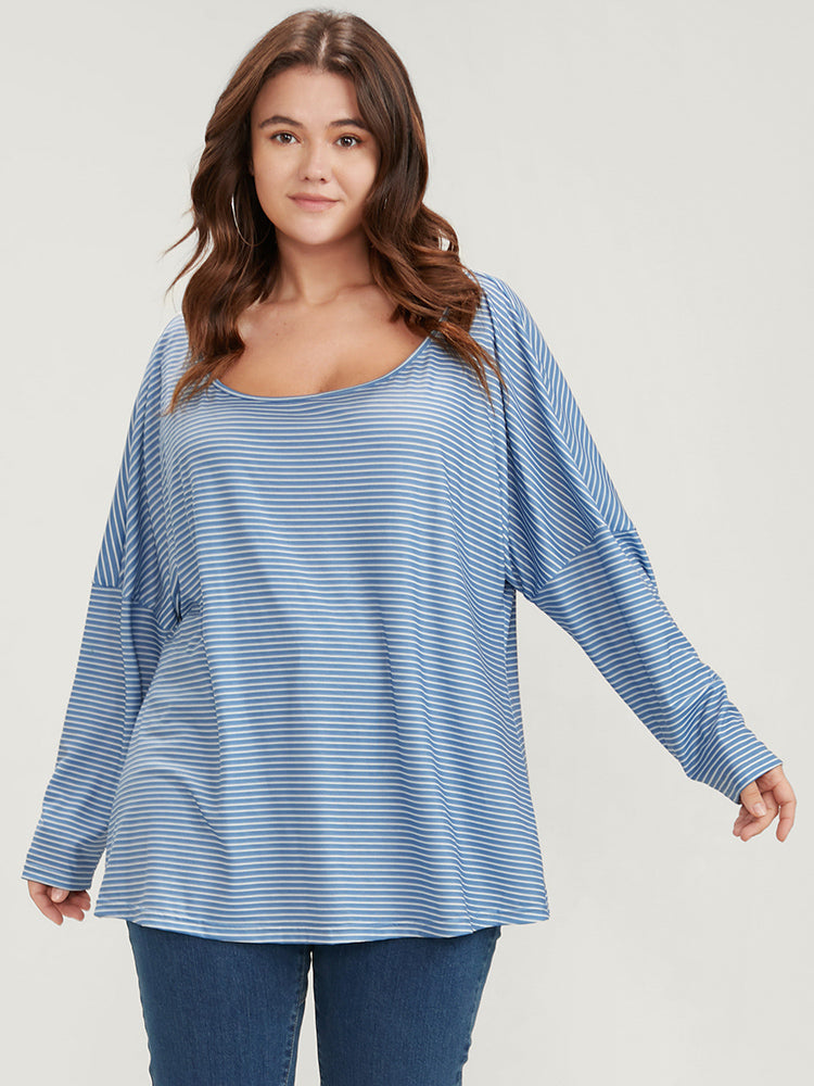 Striped Print Scoop Neck Long Tee