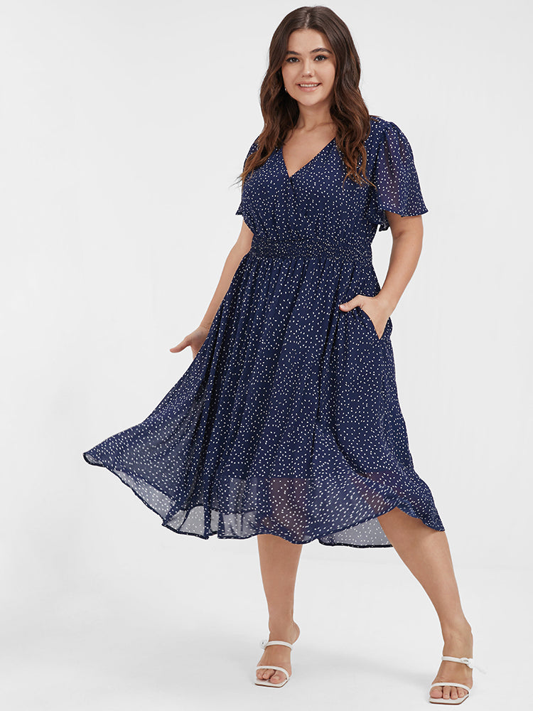 Polka Dot Button Pocket Shirred Ruffles Wrap Dress – BloomChic