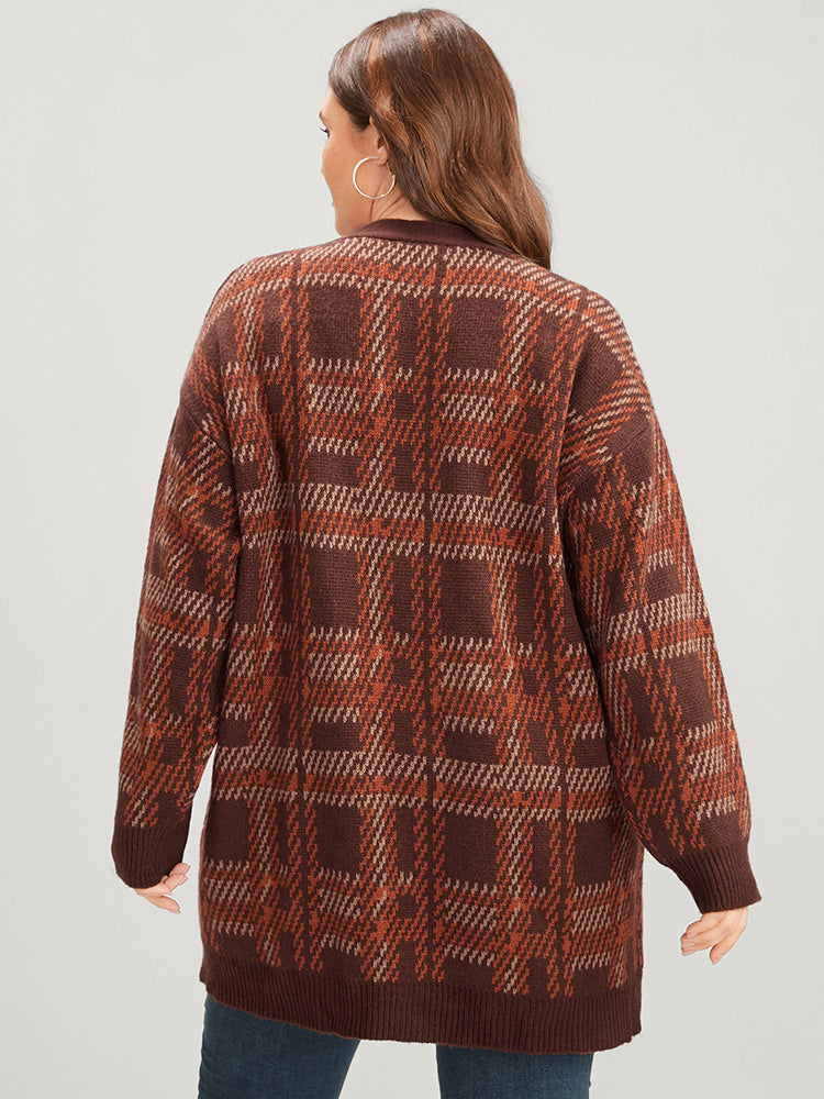 Tartan Contrast Pointelle Knit Pocket Open Front Cardigan