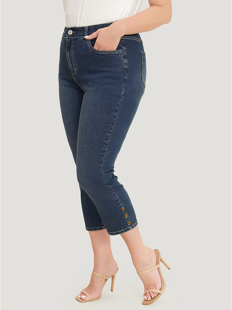 Very Stretchy High Rise  Dark Wash Beaded Detail Cropped Jeans