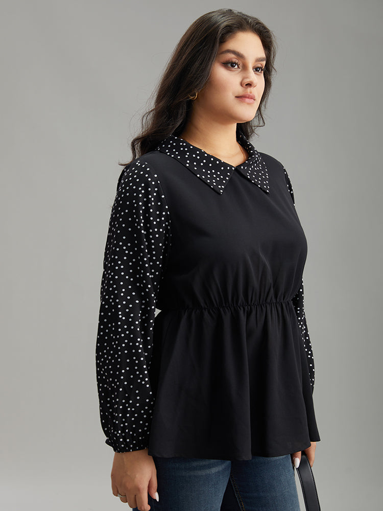 Polka Dot Patchwork Lapel Collar Elastic Waist Blouse