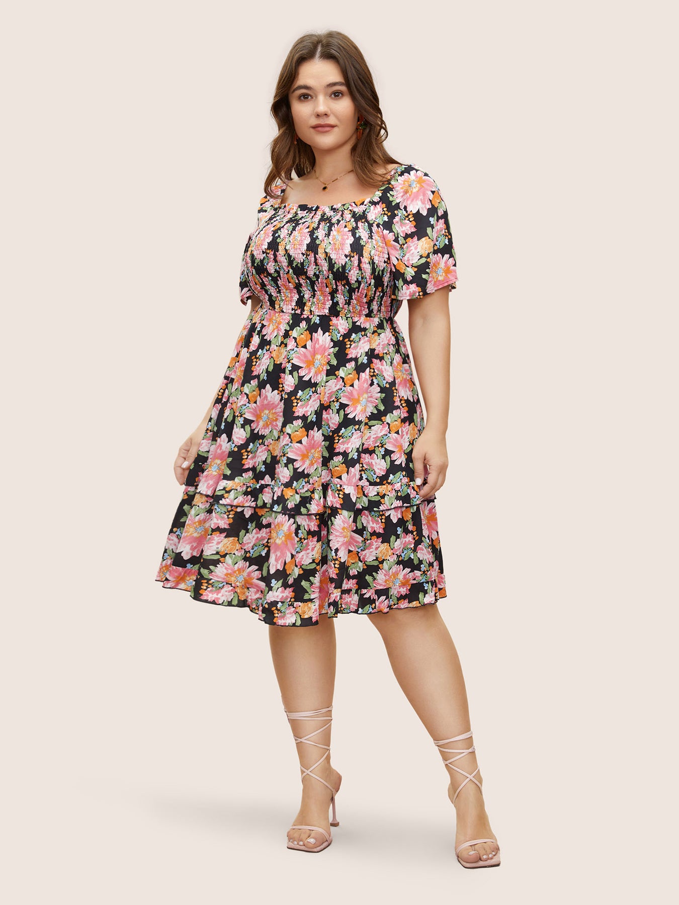 Plus Size Dresses | Floral Shirred Ruffles Patchwork Pleated Dress ...