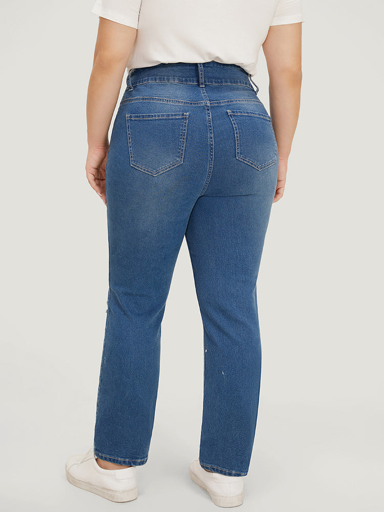 Very Stretchy High Rise Medium Wash Paint Patched Jeans