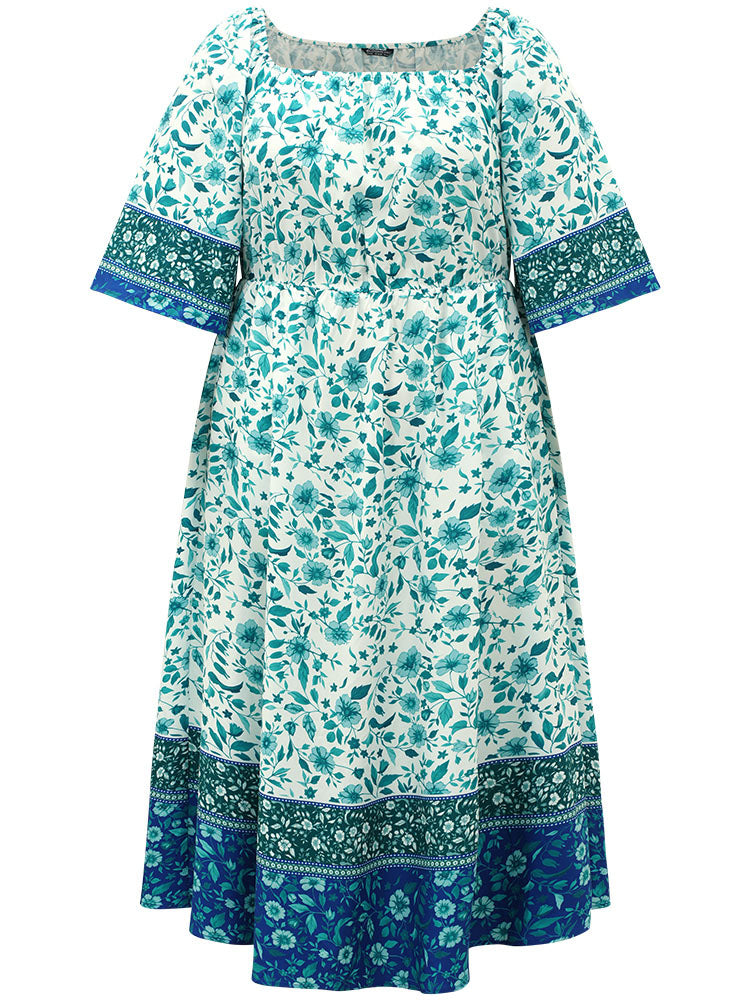 Floral Print Patchwork Square Neck Raglan Sleeve Dress