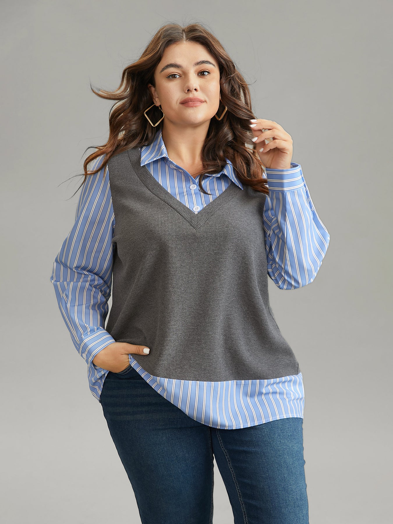 2-In-1 Striped Patchwork Waffle Knit Sweatshirt – BloomChic