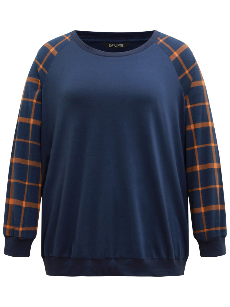 Plaid Two Tone Patchwork Rib Knit Sweatshirt