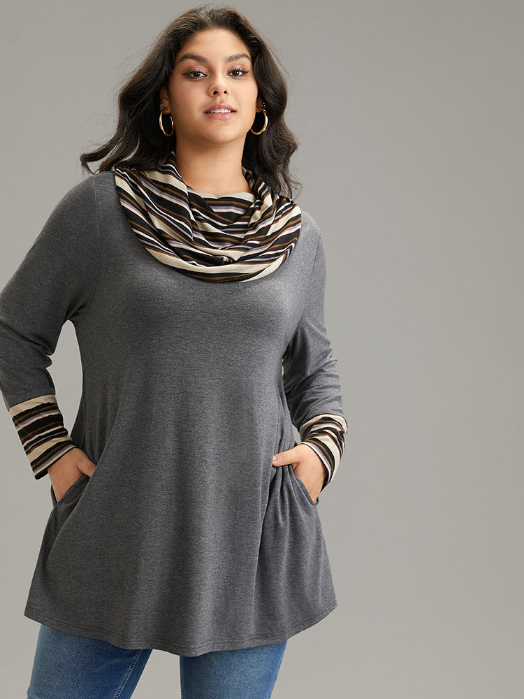 Striped Patchwork Contrast Cowl Neck T-shirt – BloomChic