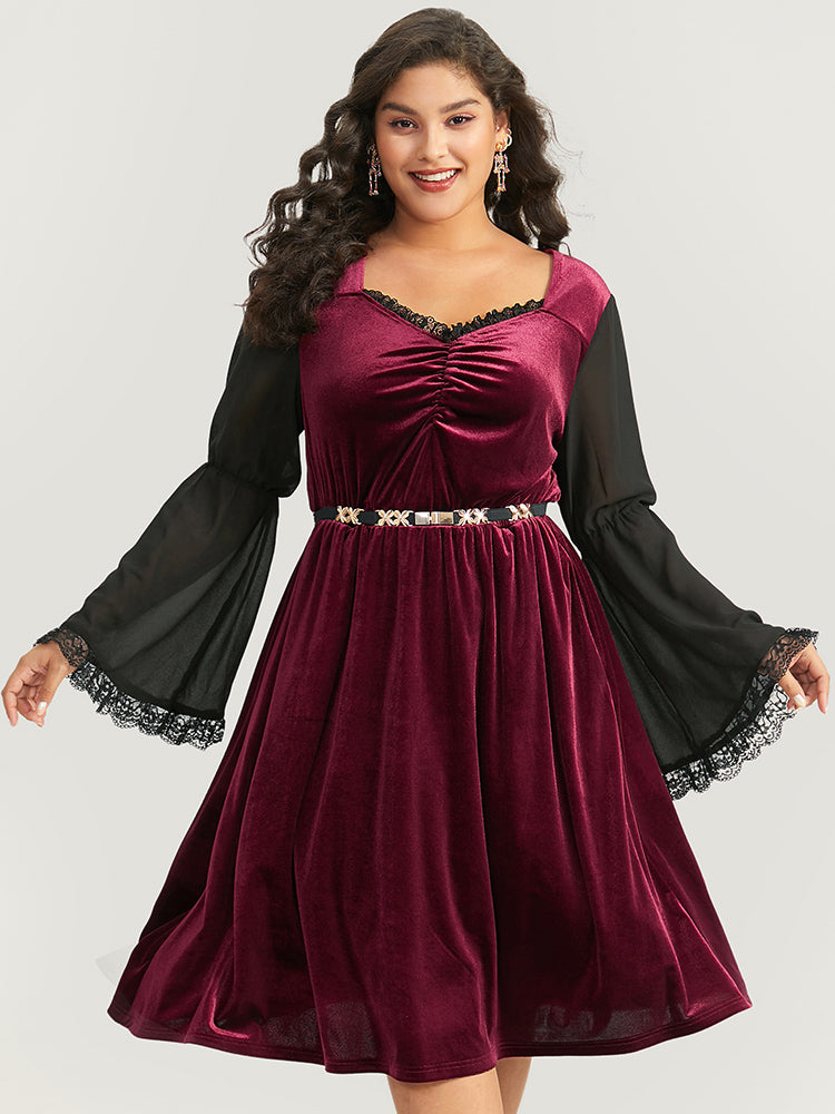 Halloween Two Tone Velvet Ruched Lace Panel Bell Sleeve Dress BloomChic Halloween Two Tone Velvet Ruched Lace Panel Bell Sleeve Dress BloomChic