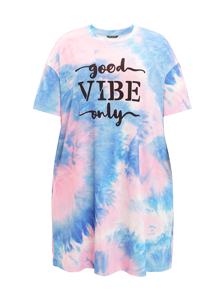 Letter Print Pocket Crew Neck Tie Dye Dress