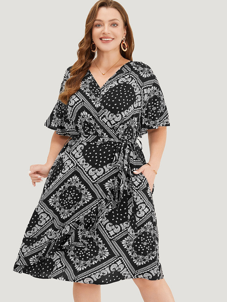 Paisley Print Pocket Belted Wrap Flutter Sleeve Dress