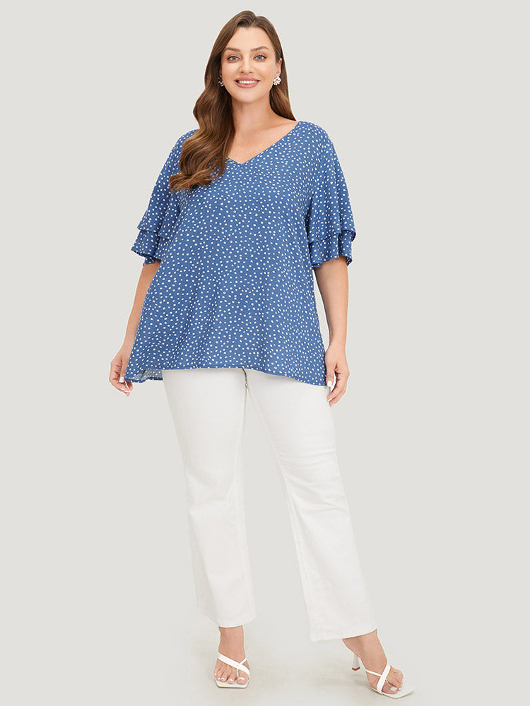 Polka Dot Flutter Sleeve Layered Blouse