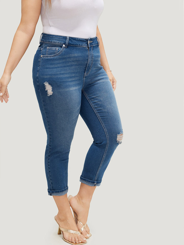 Very Stretchy High Rise Dark Wash Ripped Detail Cropped Jeans