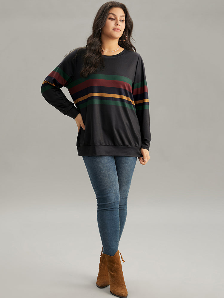 Contrast Striped Basic Crew Neck Sweatshirt