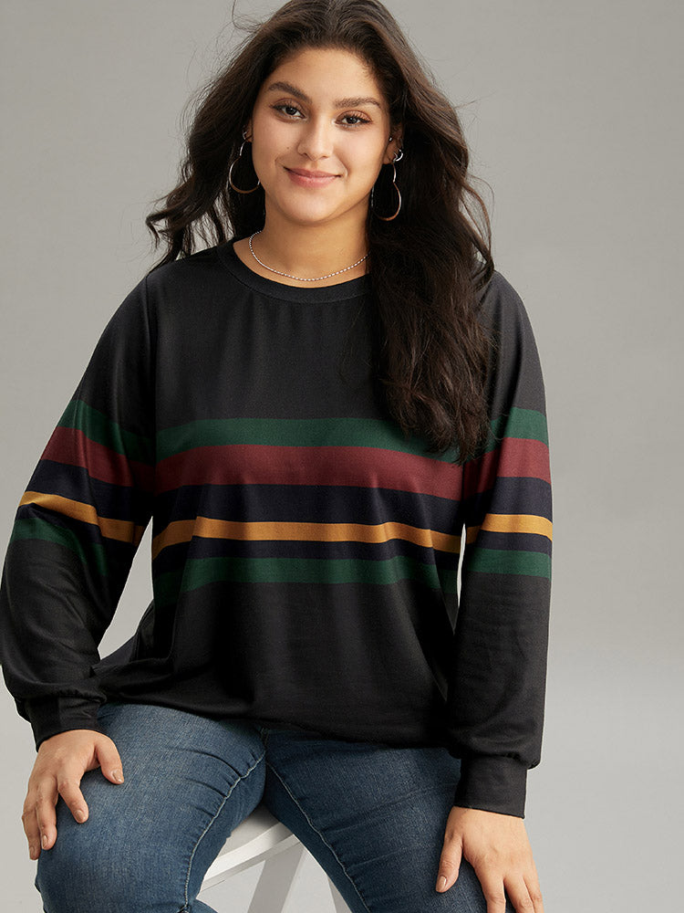 Contrast Striped Basic Crew Neck Sweatshirt