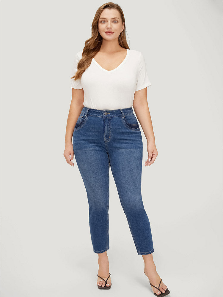 Very Stretchy High Rise Medium Wash Patched Patchwork Jeans