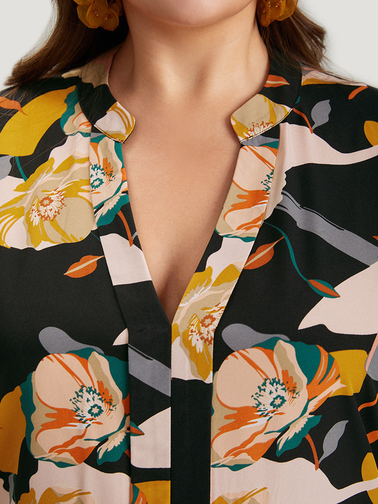 Floral Print Notched Cuffed Sleeve Blouse