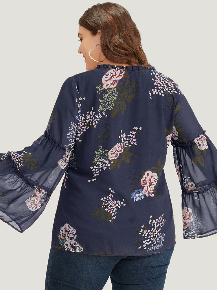 Floral Print Knot Neck Frill Trim Mesh Bell Sleeve Blouse – BloomChic