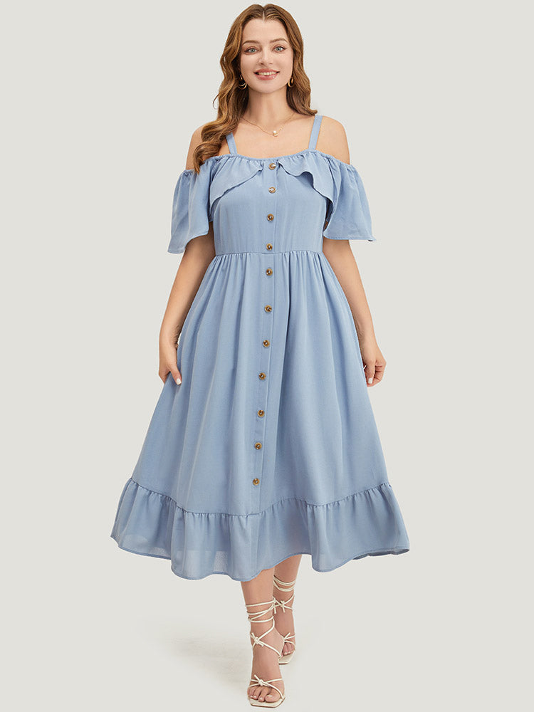 Plain Ruffle Trim Pocket Cold Shoulder Button Detail Dress – BloomChic