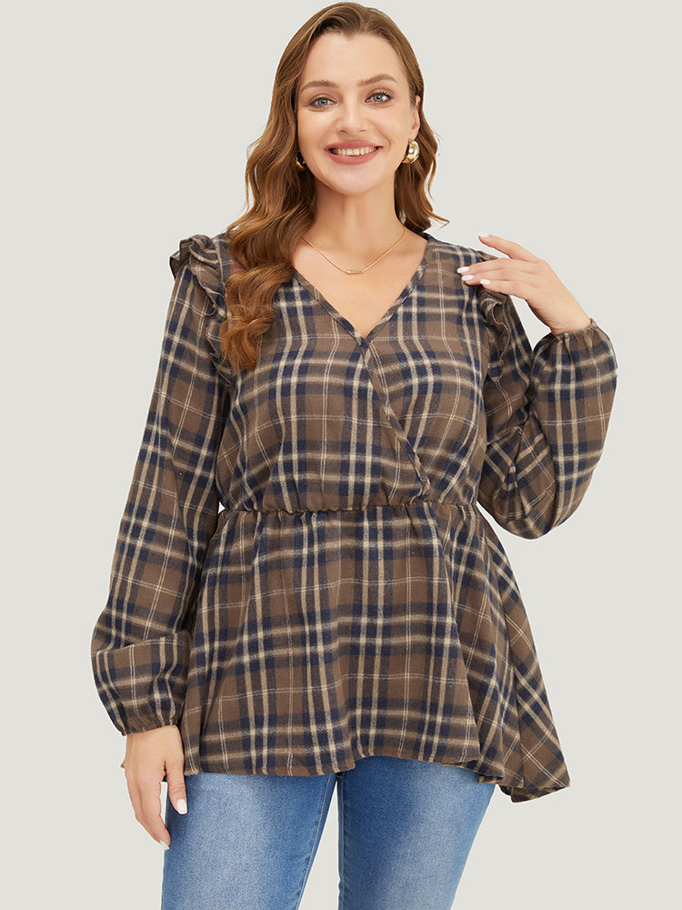 Plaid Ruffles Trim Lantern Sleeve Asymmetrical Hem Wrap Blouse