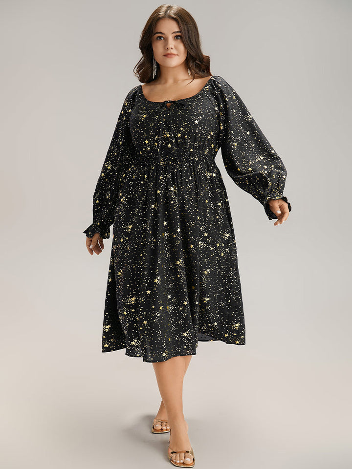 Glitter Star Knot Neck Pocket Lantern Sleeve Dress – BloomChic Glitter Star Knot Neck Pocket Lantern Sleeve Dress – BloomChic