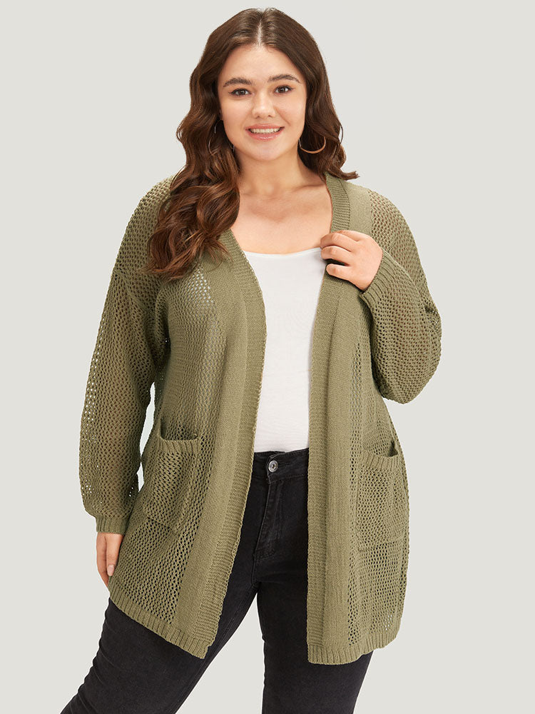 Solid Patched Pocket Open Front Patchwork Cardigan