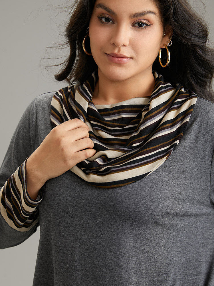 Striped Patchwork Contrast Cowl Neck T-shirt