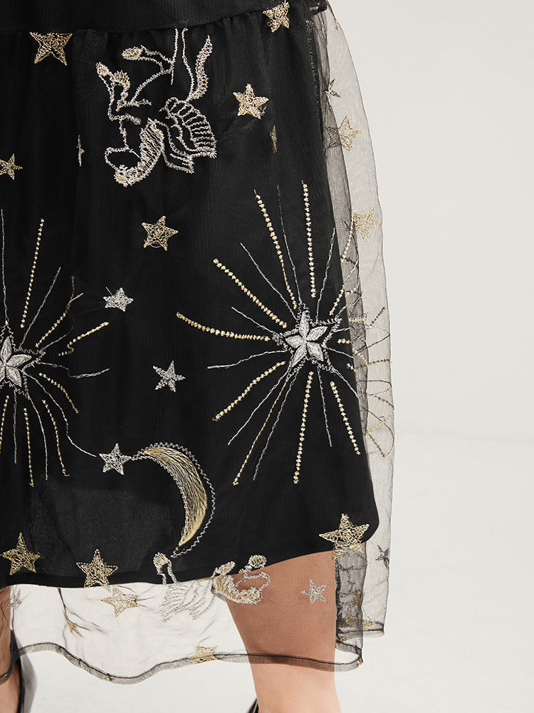 Moon And Star Pocket Lantern Sleeve Embroidered Mesh Dress