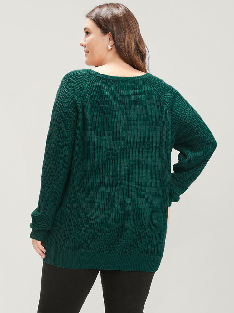 Solid Pointelle Knit Raglan Sleeve Button Detail Knit Top