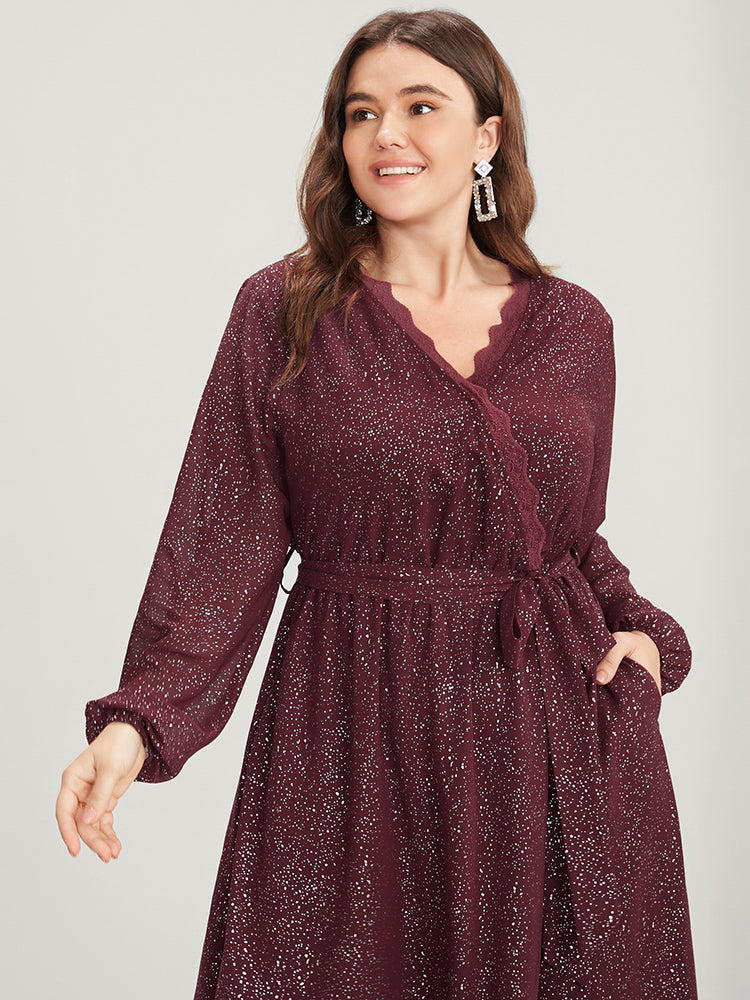 Polka Dot Wrap Lace Trim Lantern Sleeve Pocket Belted Dress