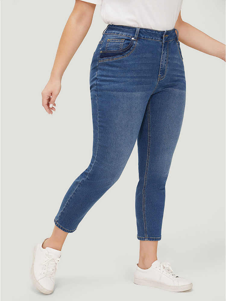 Very Stretchy High Rise Medium Wash Patched Patchwork Jeans
