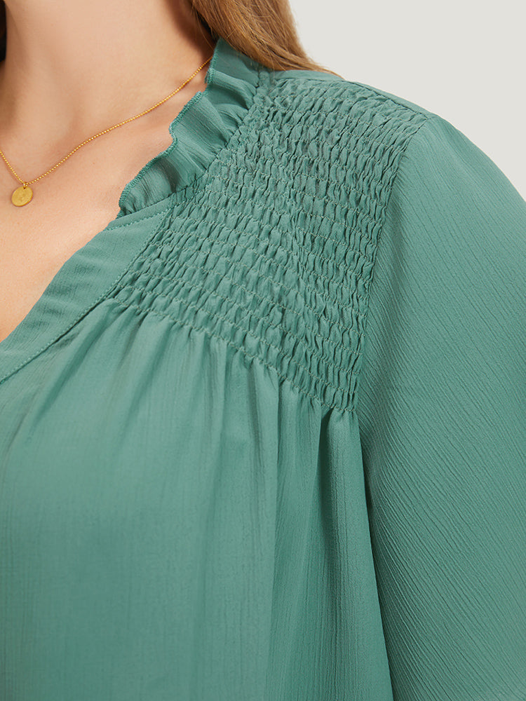 Plain Shirred Button Through Frill Trim Stand Collar Blouse