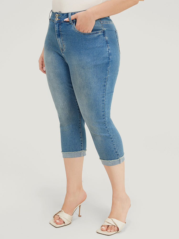 Very Stretchy High Rise Medium Wash Roll Hem Cropped Jeans