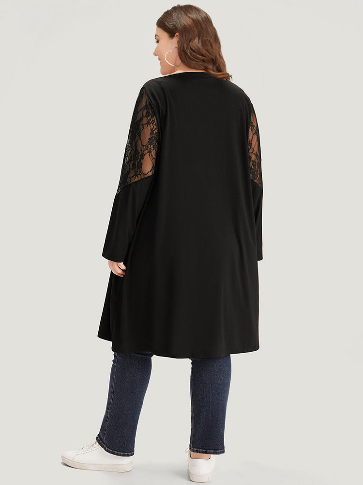 Supersoft Essentials Solid Crochet Lace Mesh Drape Open Front Coat