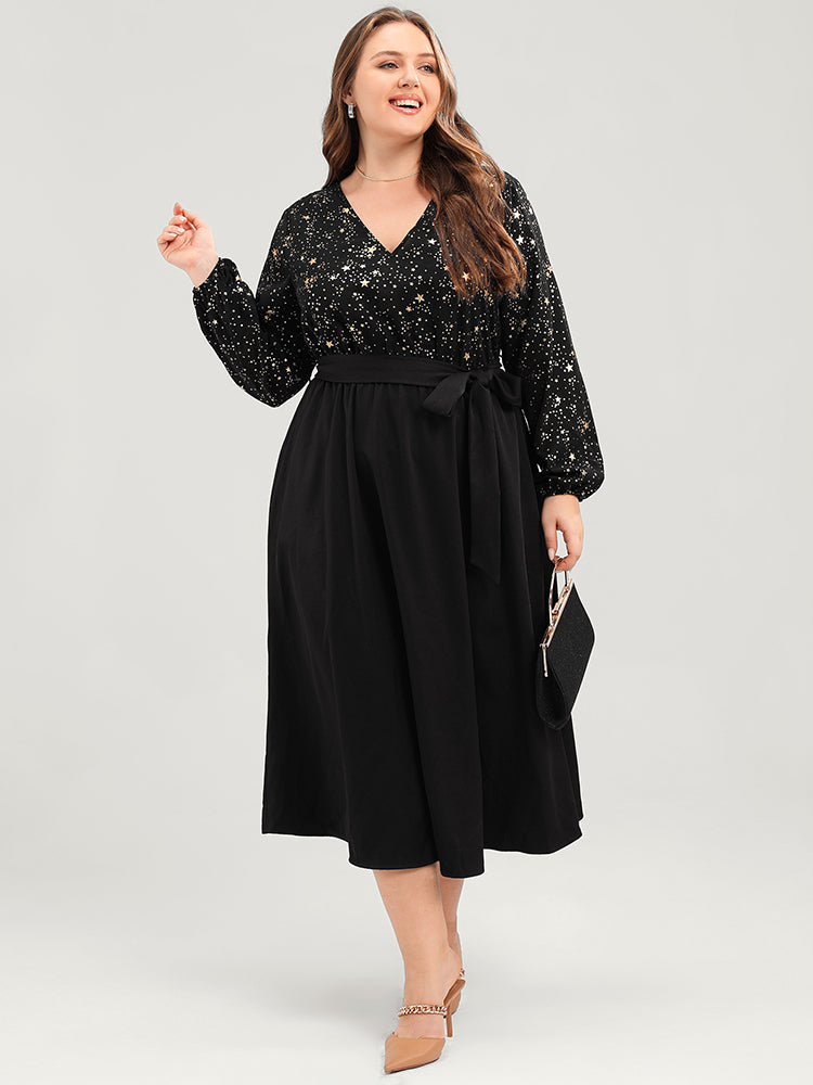 Star Print V Neck Pocket Lantern Sleeve Belted Midi Dress