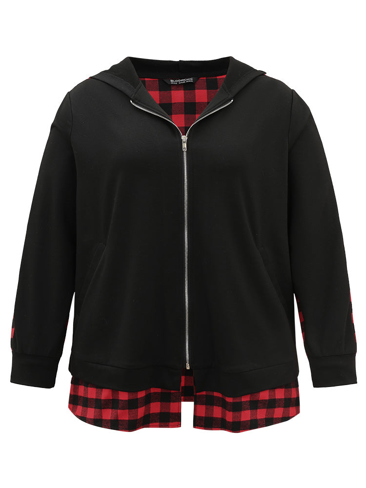 Plaid Patchwork Zipper Hooded Asymmetrical Hem Jacket