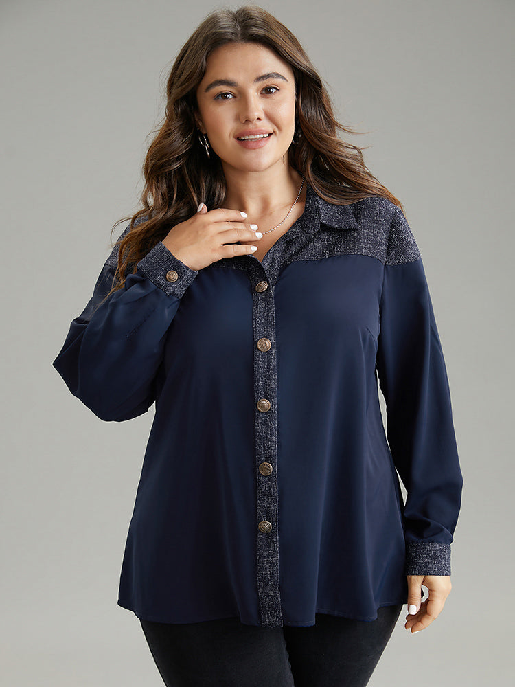 Shirt Collar Patchwork Textured Buckle Up Blouse