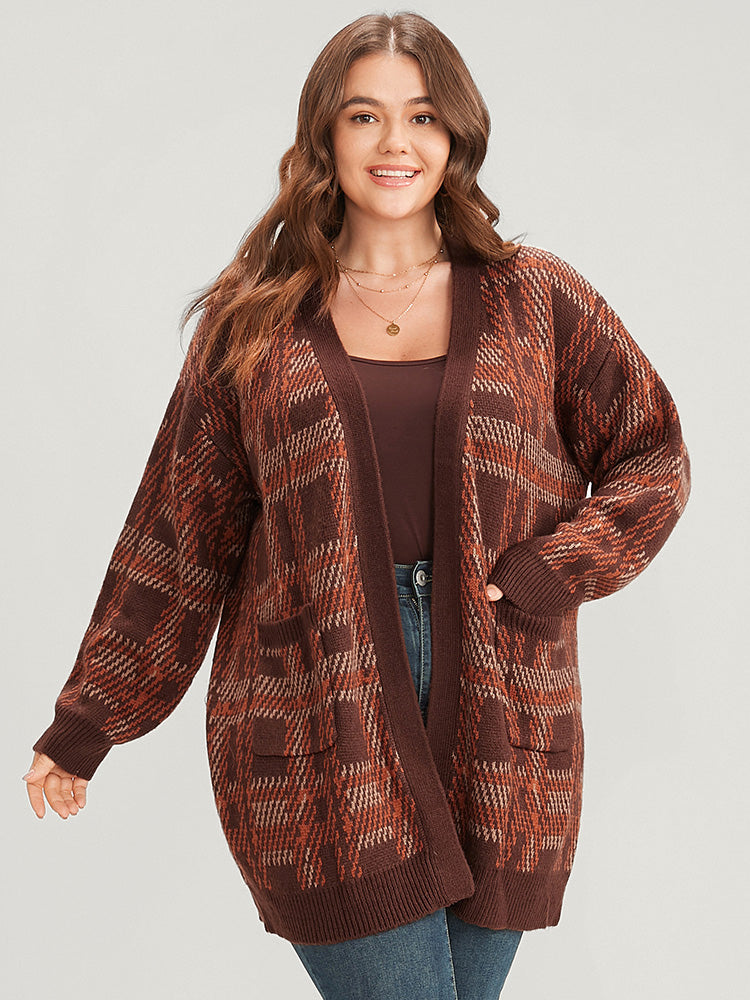 Tartan Contrast Pointelle Knit Pocket Open Front Cardigan