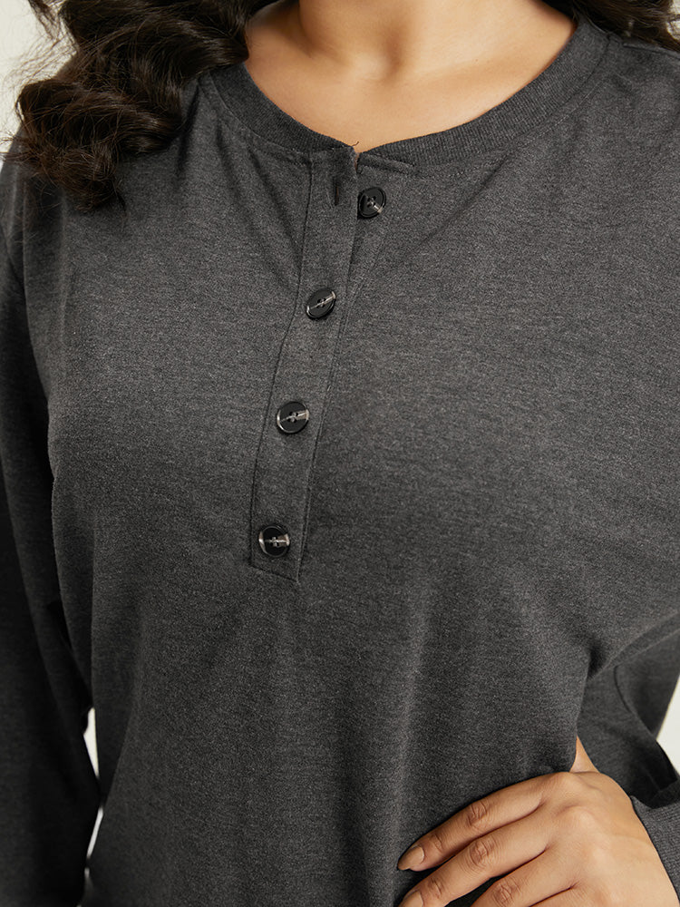 Solid Button Through Elastic Cuffs Sweatshirt