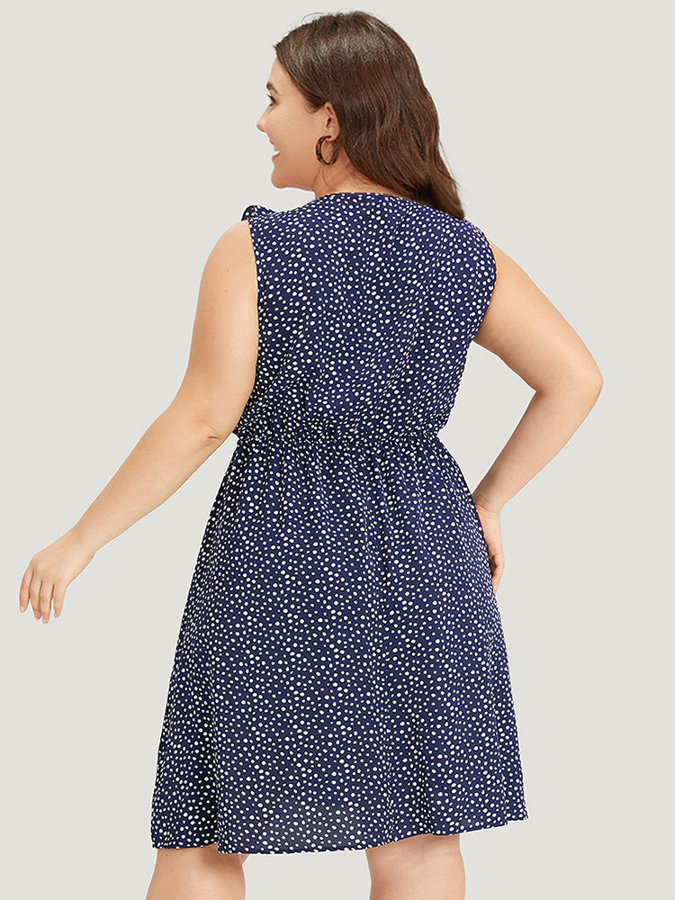 Polka Dot Ruffle Trim V Neck Sleeveless Dress