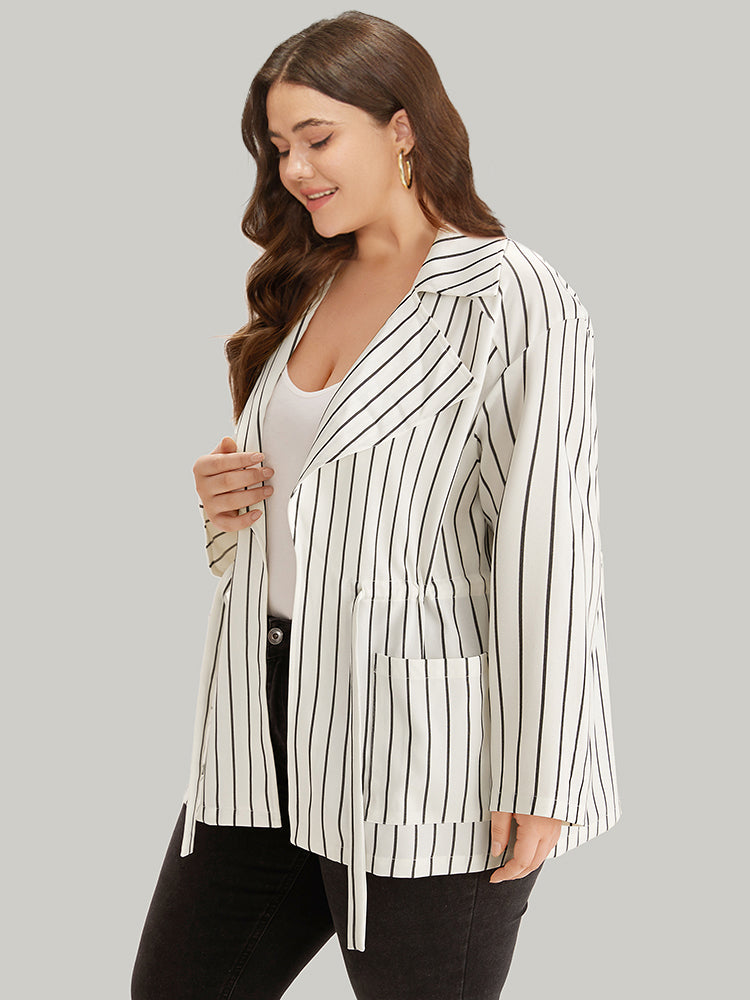 Striped Suit Collar Drawstring Patch Pocket Jacket