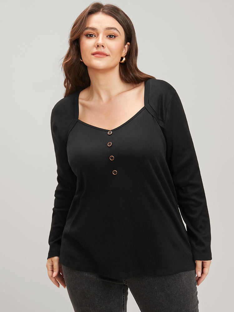 Solid Button Detail V Neck Long Tee