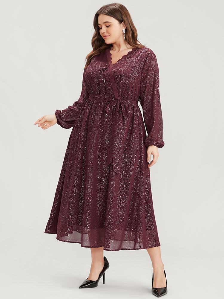 Polka Dot Wrap Lace Trim Lantern Sleeve Pocket Belted Dress