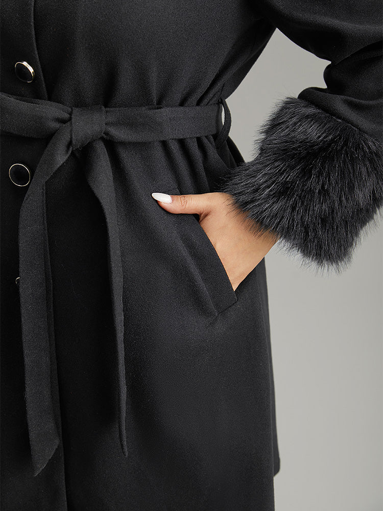 Solid Fuzzy Trim Button Through Belted Coat