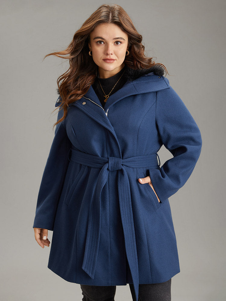 Plain Fuzzy Trim Zipper Belted Coat