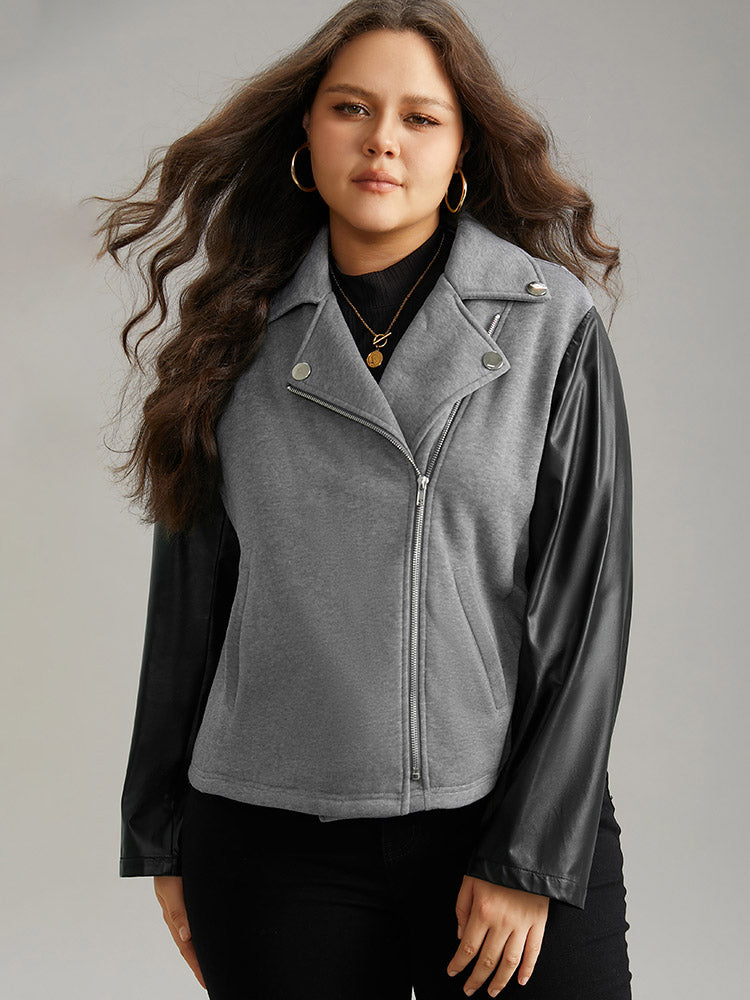 PU Leather Zipper Contrast Button Detail Jacket