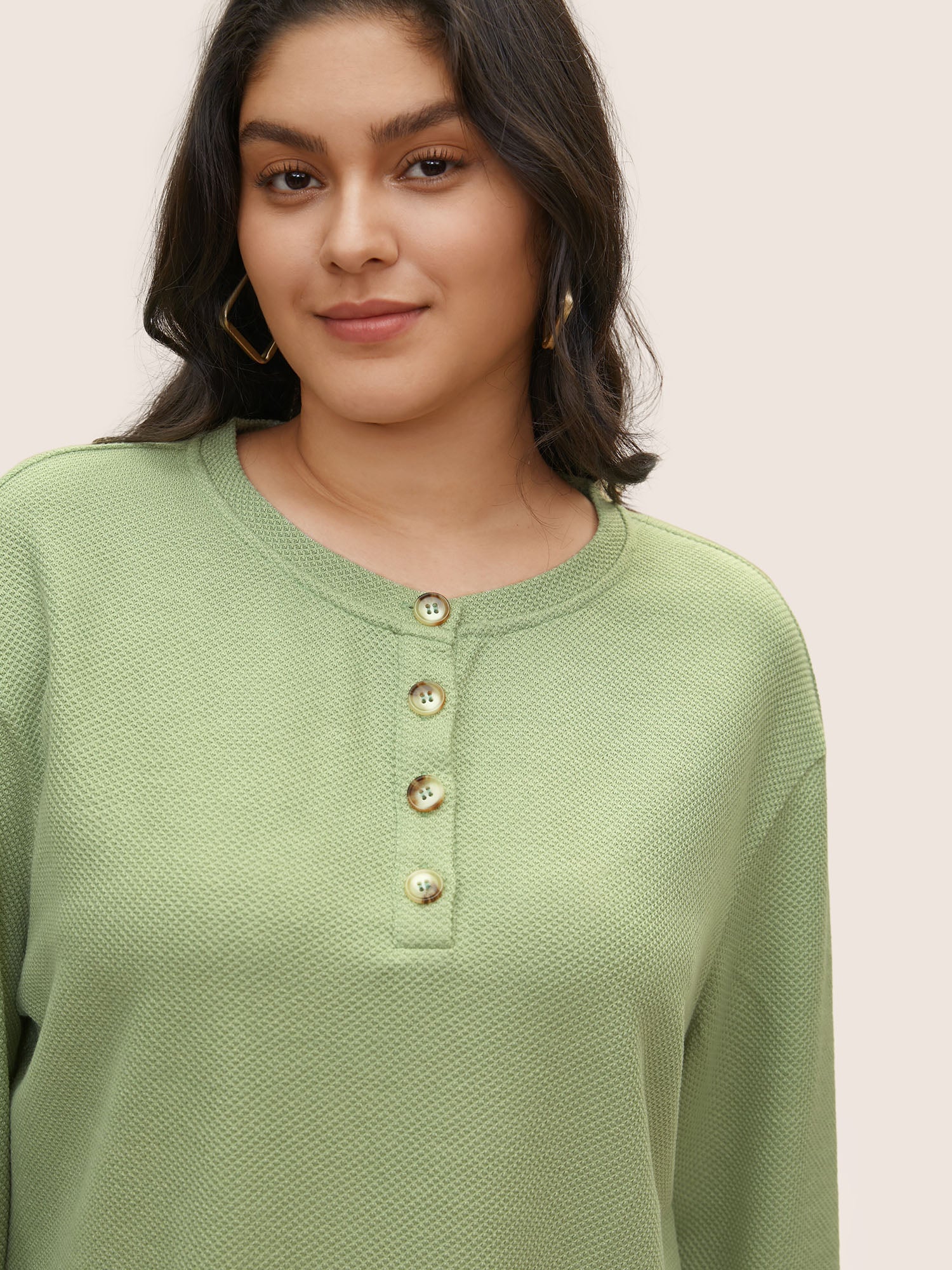 Plain Button Detail Textured Sweatshirt