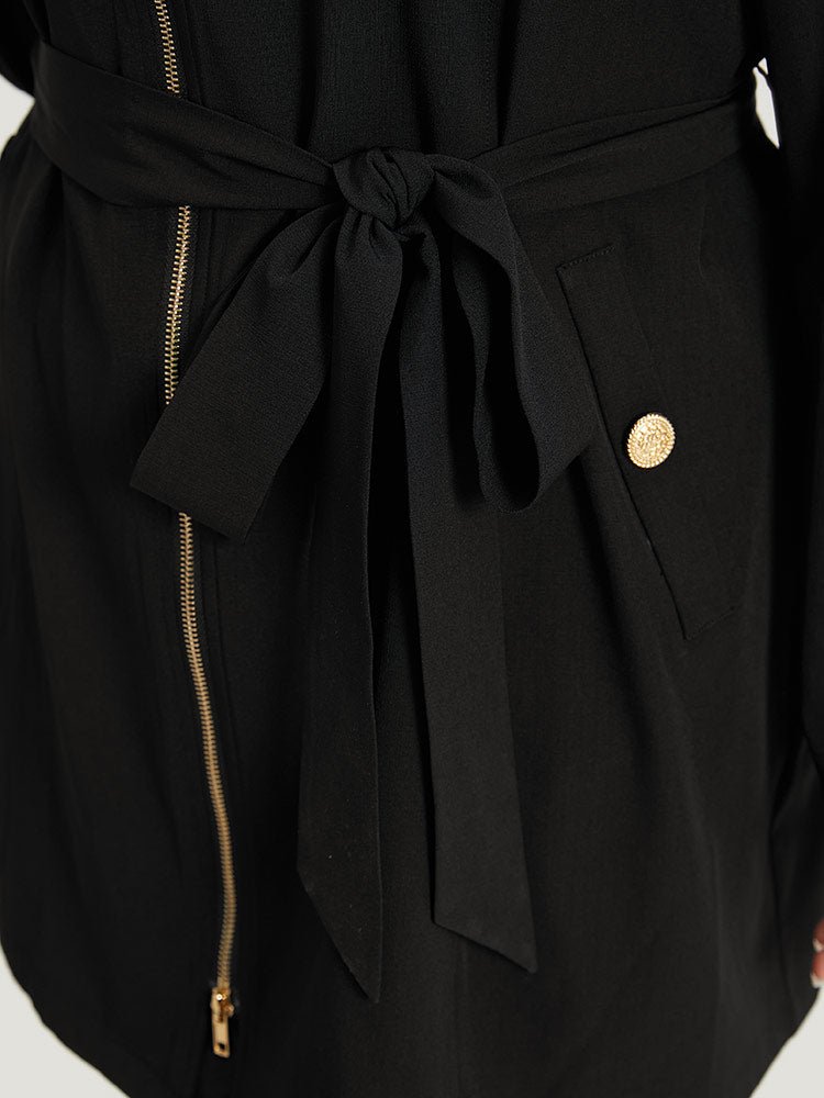 Solid Belted Button Detail Zipper Pocket Coat